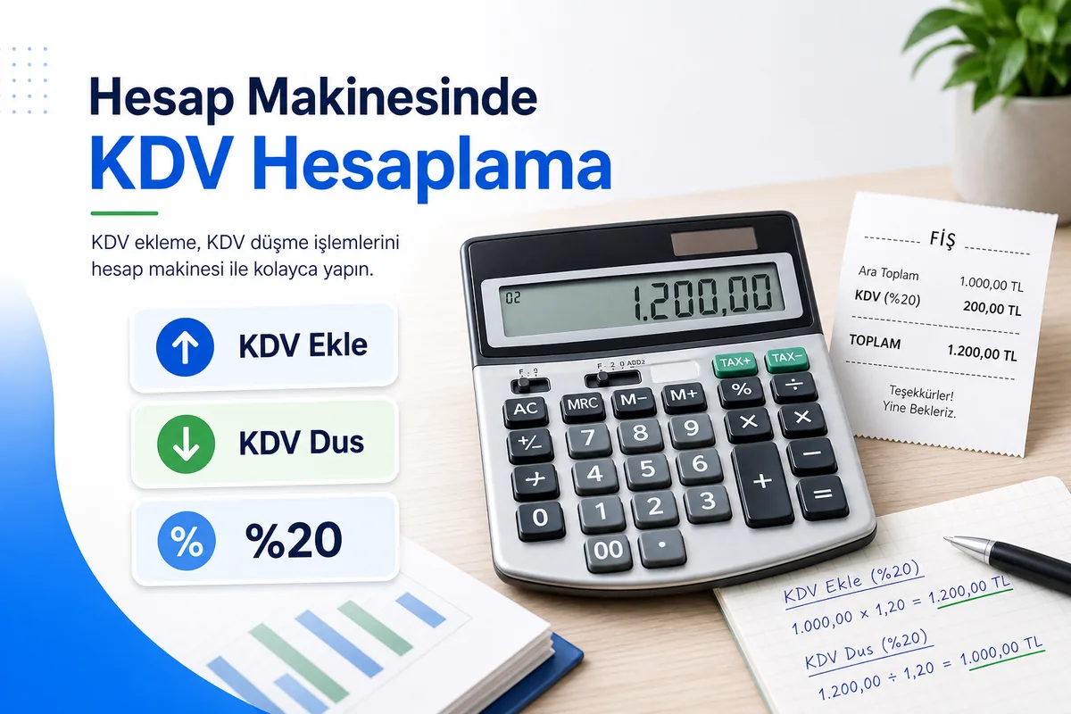 Normal hesap makinesinde yüzde yirmi KDV ekleme ve KDV düşme adımlarını gösteren masa üstü hesaplama örneği